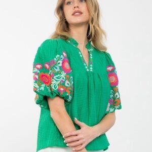 THML Green floral embroidered puff sleeve blouse Size XS